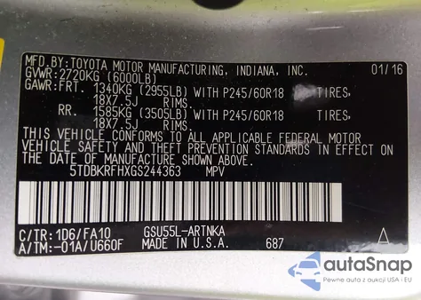 2016 Toyota Highlander Le Plus V6 z USA, uszkodzony, nr VIN 5TDBKRFHXGS244363